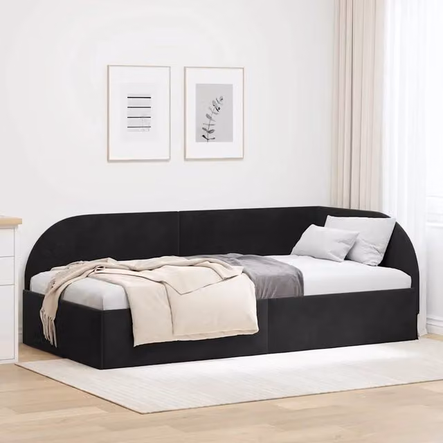 Letto ad angolo vidaXL in velluto nero con struttura in legno, L/P/H: 190 x 90 x 72 cm – 1