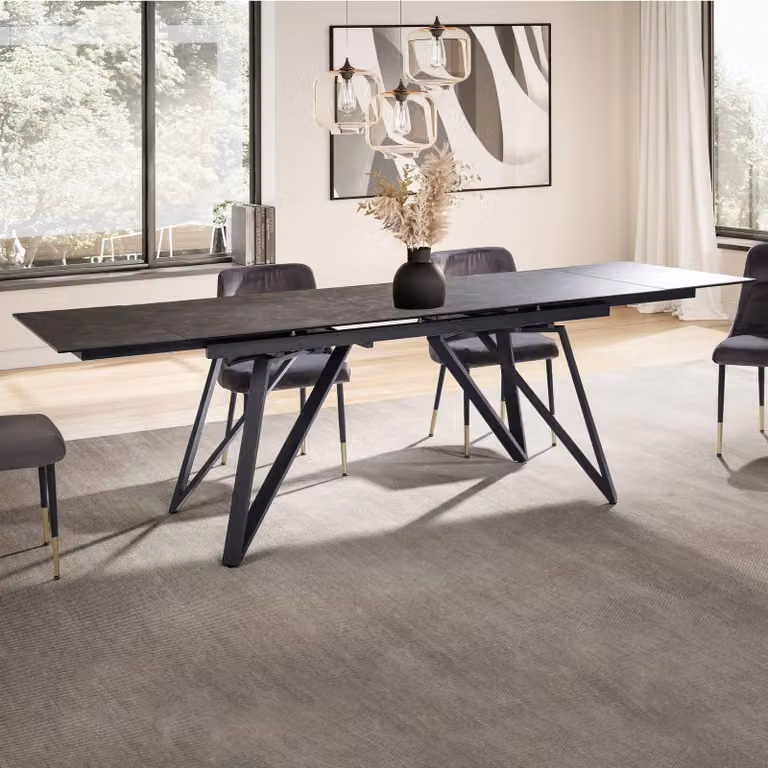 Tavolo da pranzo estendibile FineBuy, 180–260 cm, nero – Piano in vetroVetroceramica – Tavolo da pranzo con struttura in metallo geometrico – Resistente ai graffi e al calore