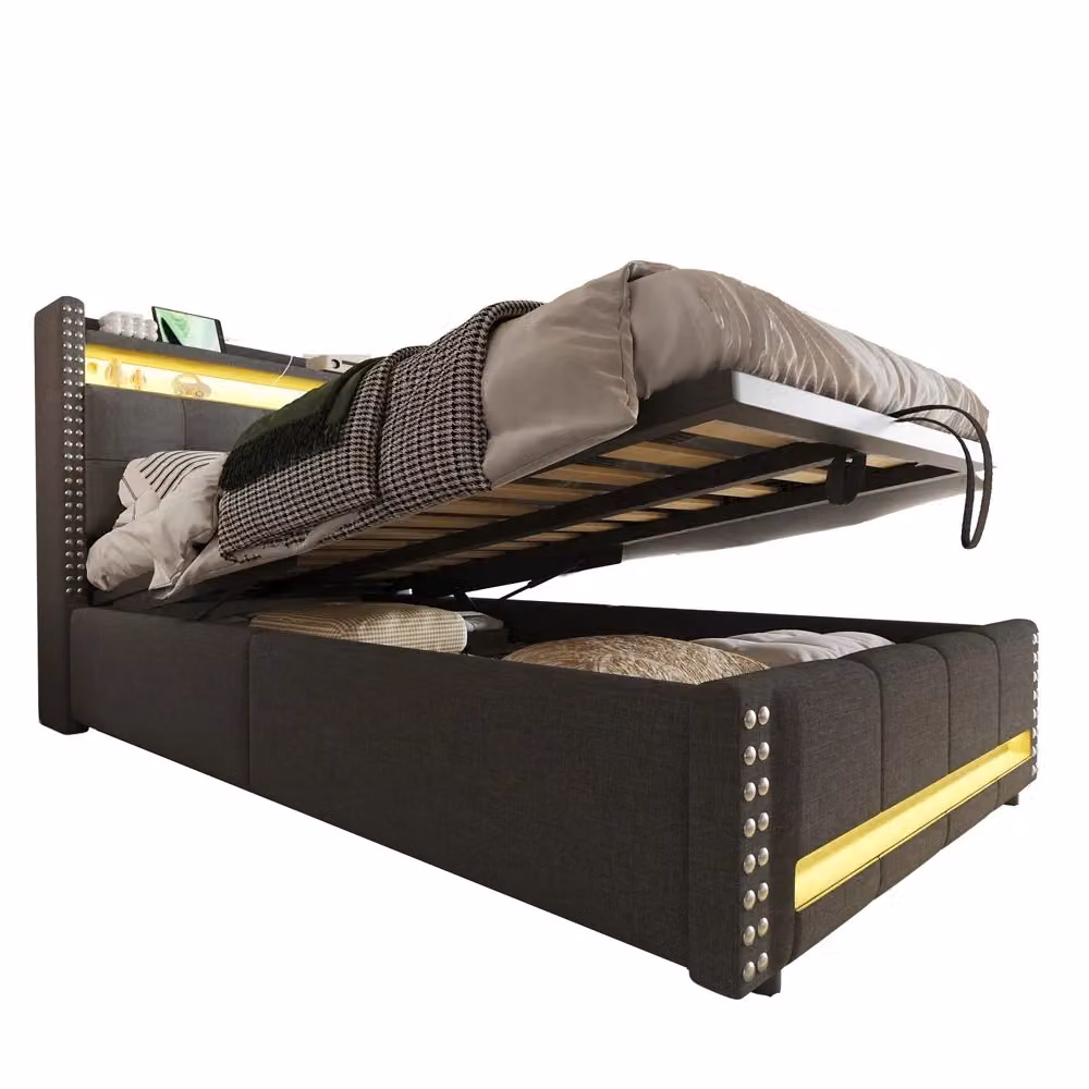 Letto singolo imbottito Minimal con contenitore idraulico, LED, porta USB e mensola, Grigio, L/P/H: 90 x 200 x 47 cm – 2