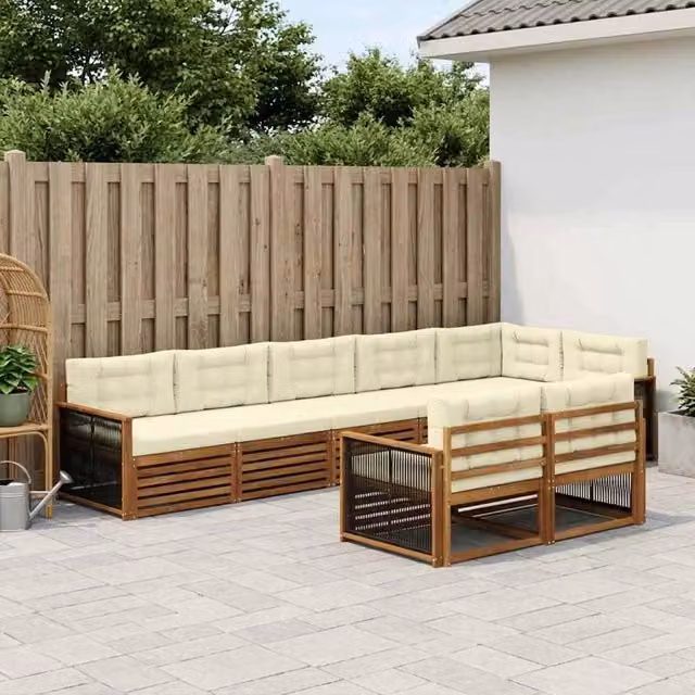 Set di divani da esterno a L vidaXL in legno di acacia con cuscini beige e marrone – 1