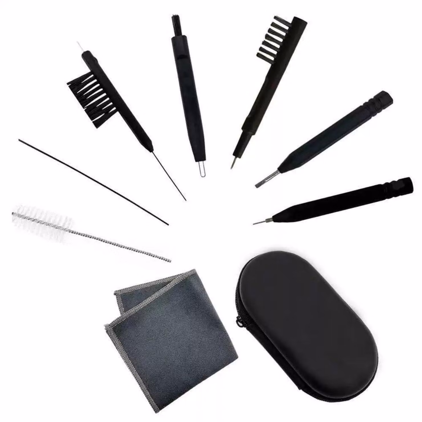 Kit di pulizia per apparecchi acustici, composto da 9 elementi: spazzole, panno e cacciavite