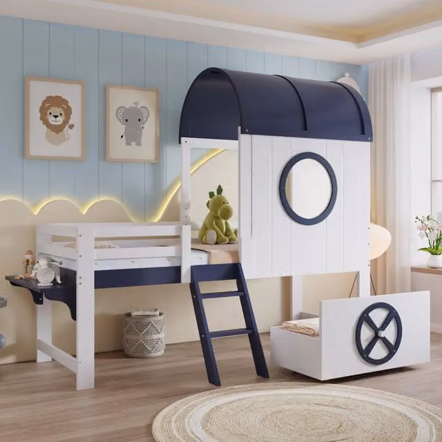 Letto a soppalco 90x200 cm con tetto; finestra; cassetto e scala in legno e MDF bianco e blu