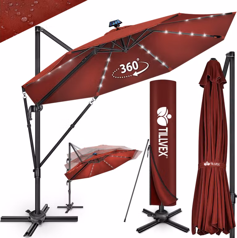 tillvex® Premium ombrellone in alluminio 330 cm rosso + copertura e protezione dal vento | ombrellone a sbalzo 6 pieghevole regolabile con manovella | ombrellone da giardino ruotabile a 360° inclinabile | ombrellone a manovella UV50+ grande impermeabile