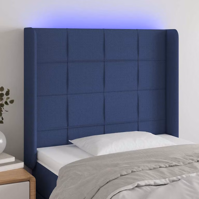 Testiera per letto vidaXL in tessuto blu con illuminazione LED integrata e porte di ricarica USB, L 83 cm, P 16 cm, H 118-128 cm