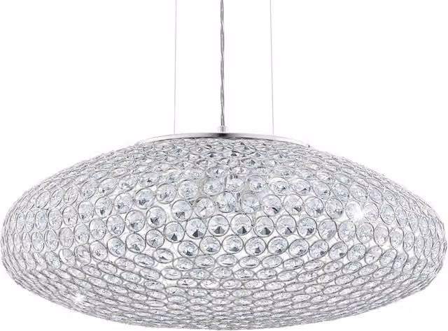 Lampadario a sospensione Clemente Eglo in cromo e cristallo con paralume grigio, 3 luci E27, Ø54 cm