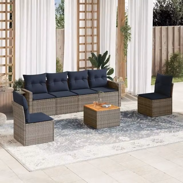 Set Divani da Giardino 7 pz con Cuscini Grigio in Polyrattan 3224514