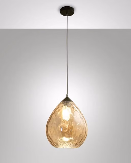 Lampada a Sospensione Gisella Fabas in Vetro Soffiato Ambra e Metallo Nero, Design Moderno e Dimmerabile, Ø 26 cm, Attacco E27