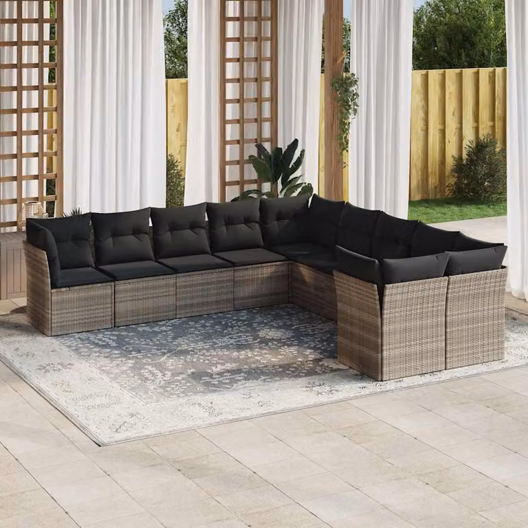 vidaXL Set Divano da Giardino a L in Polyrattan con Cuscini Grigio Chiaro, 10 Pezzi