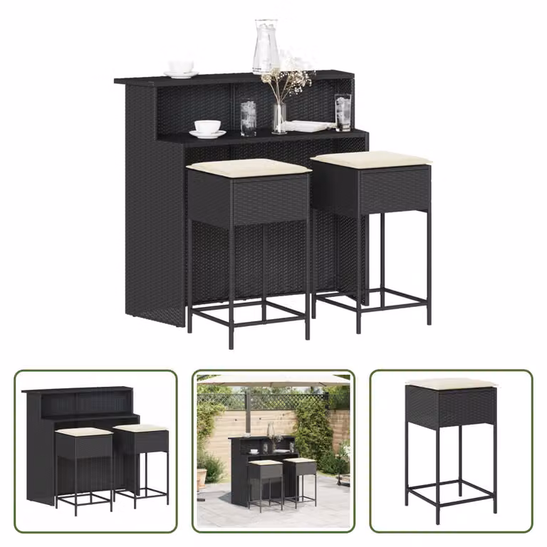 The Living Store Set da bar da giardino in 3 pezzi con cuscini in rattan polivalente nero