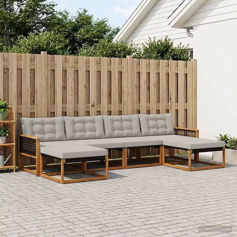 Set di divani da esterno vidaXL a forma di L composto da 6 pezzi in legno di acacia con cuscini in tessuto beige e grigio