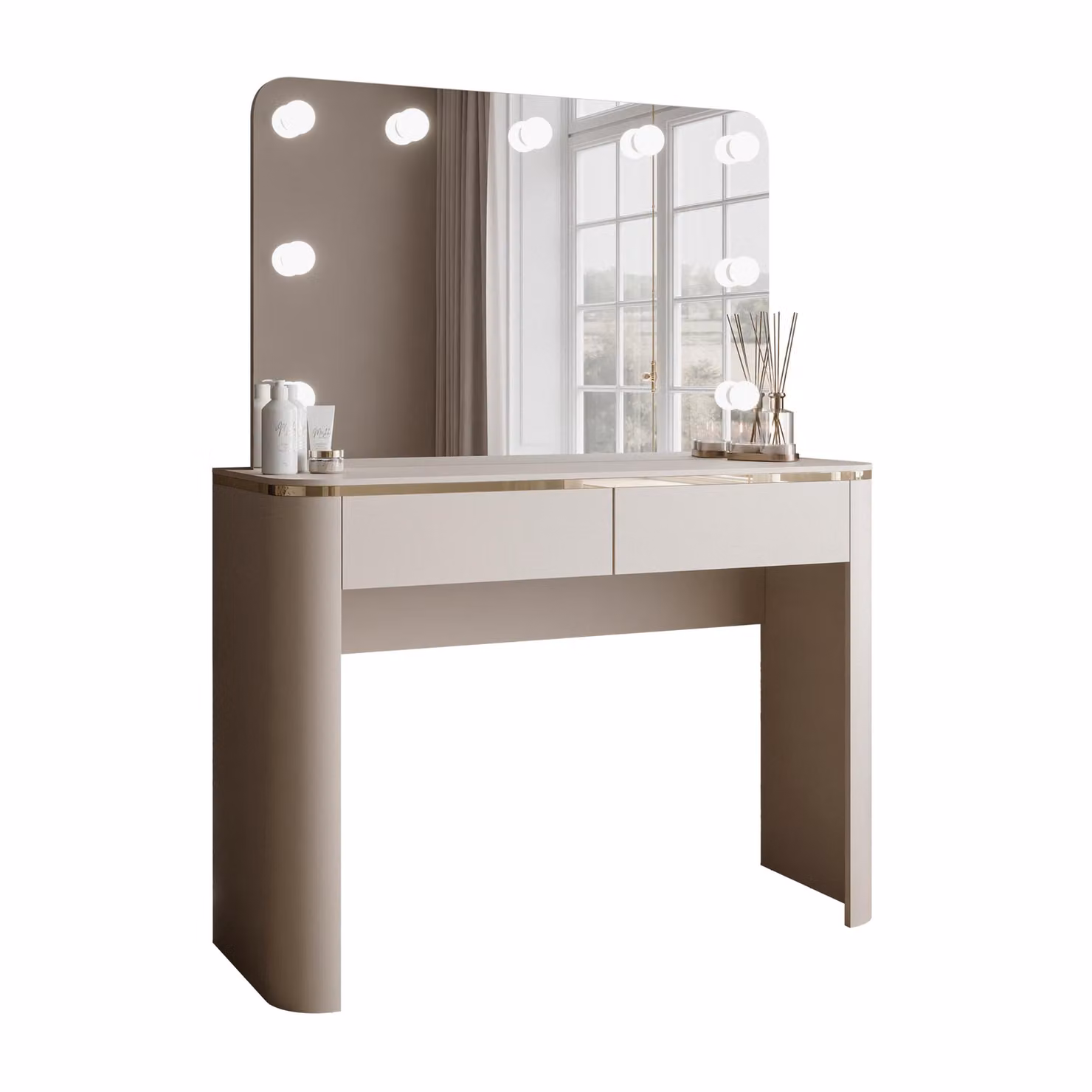 Comò da trucco AVELINE con specchio e illuminazione a LED, finitura color cashmere