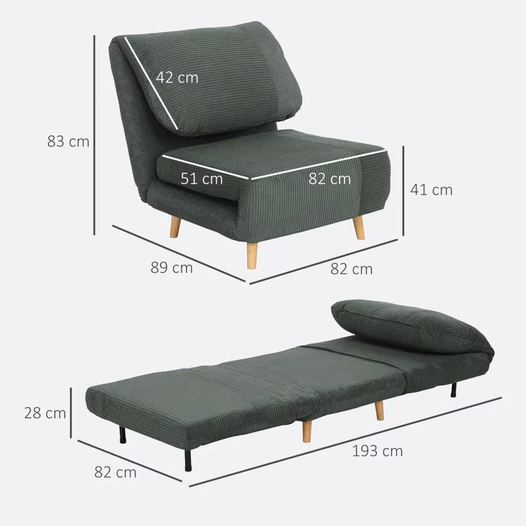 Poltrona letto trasformabile REDOM verde in tessuto con struttura in legno e schiuma L/P/H: 82 x 89 x 83 cm – 2