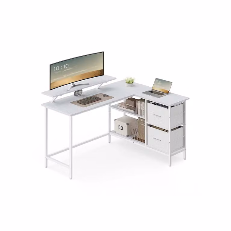 Scrivania a L con Ampi Cesti per Computer con Supporto per Monitor, 105P x 135l cm / Bianco Acero