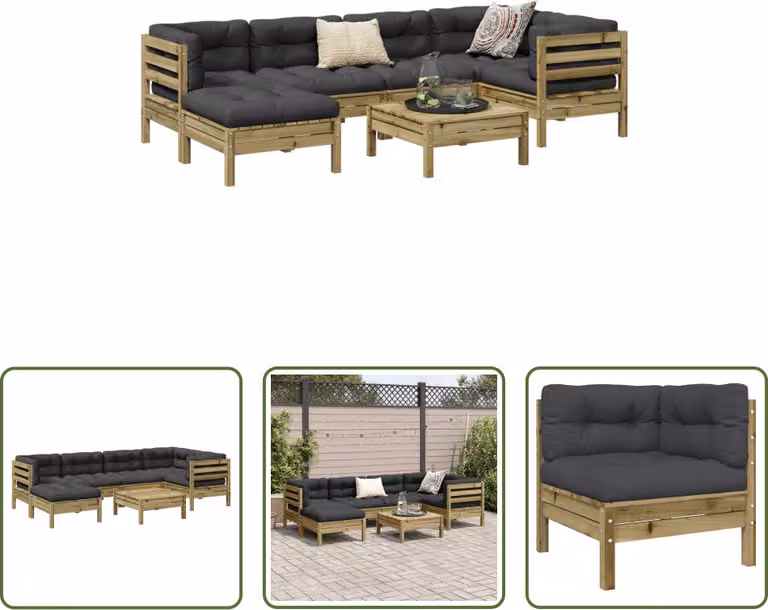 The Living Store Set di divani da giardino 7 pezzi con cuscini in legno di pino impregnato