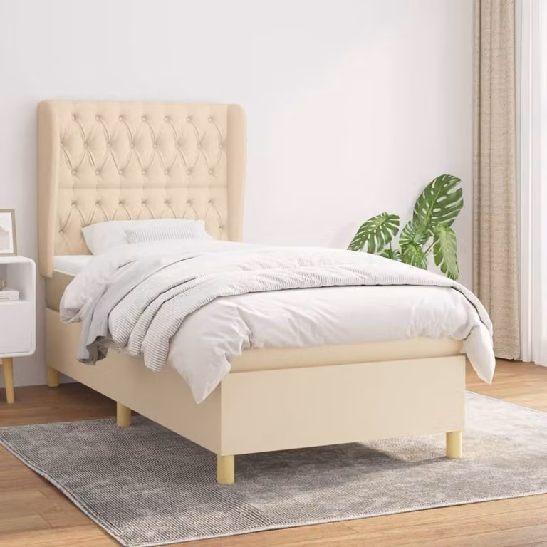 The Living Store Letto a molle con materasso crema 90x190 cm in tessuto