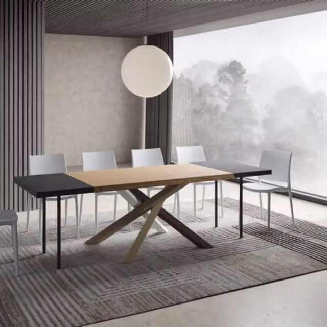 Tavolo da pranzo rettangolare allungabile Itamoby in legno di rovere con bordo live edge e struttura a X in metallo antracite, L: 160-260 cm, P: 90 cm, H: 75 cm