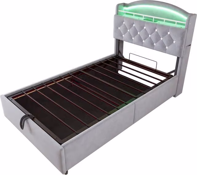 Letto singolo per bambini con contenitore e illuminazione LED, porte USB e Type-C, rivestimento in tessuto grigio, L/P/H: 90 x 200 x 94,4 cm