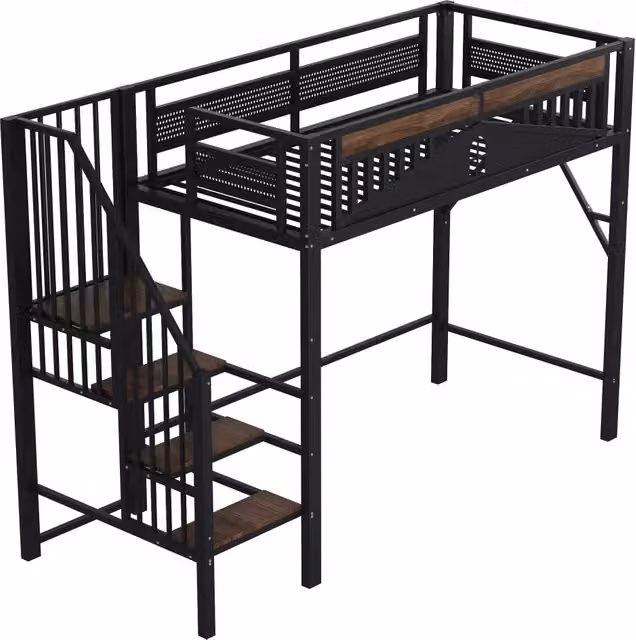 Letto a soppalco singolo con scala, vani portaoggetti e barriera di sicurezza, nero, L/P/H: 200 x 90 x 170 cm