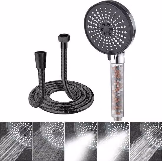 Doccia con tubo flessibile in acciaio inossidabile da 1,5 m, 5 tipi di getto, a risparmio idrico