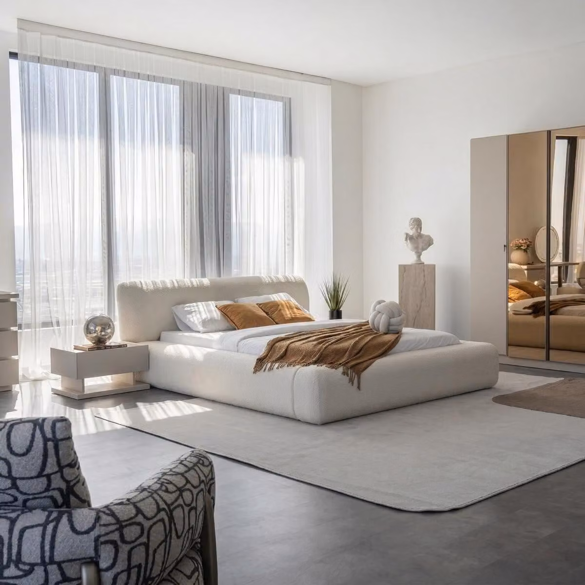 Set per camera da letto: letto, 2 comodini, colore beige, stile moderno, confortevole