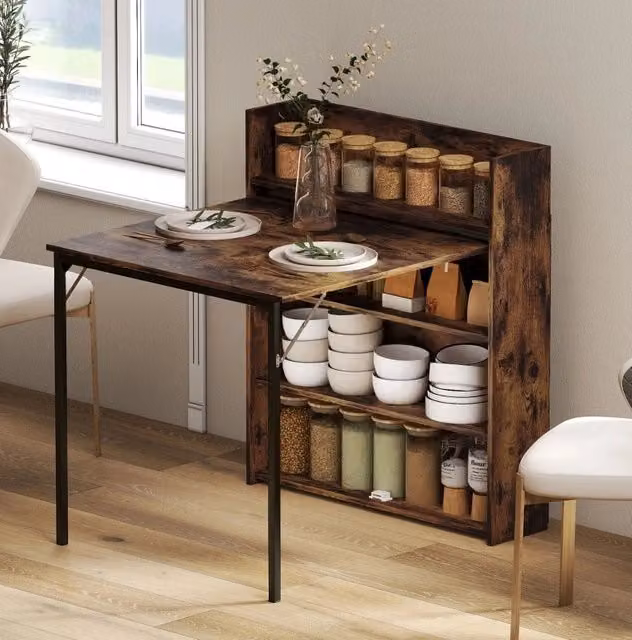 Tavolo da pranzo pieghevole ULEVR 80x90x93 cm con 3 ripiani, struttura in acciaio, marrone rustico