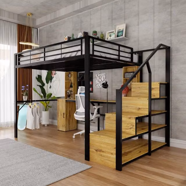 Letto a soppalco 140 × 200 cm con scrivania, armadio, ripiani e USB, senza materasso, in metallo e MDF, nero