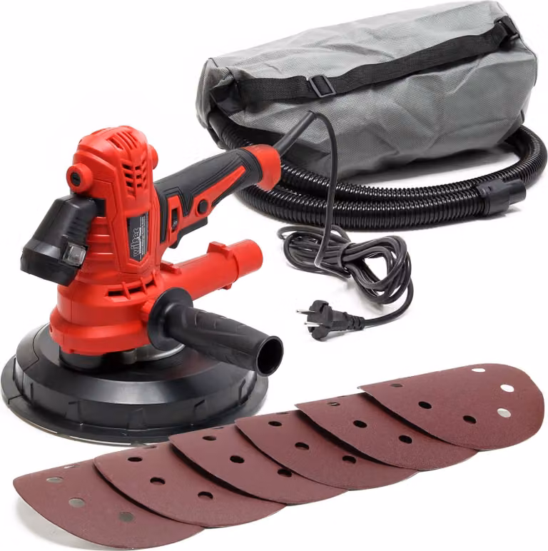 Levigatrice per cartongesso Wiltec 900 W, levigatrice per pareti e soffitti con disco di levigatura da 180 mm, levigatrice con aspirazione della polvere e accessori completi