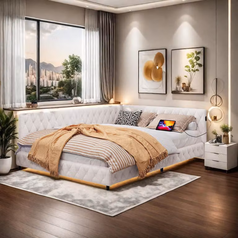 Letto imbottito INONEFT 140x200 cm con LED e caricabatterie USB, divano letto multifunzione con rete a doghe, letto a due piazze per giovani con testiera in velluto, color beige