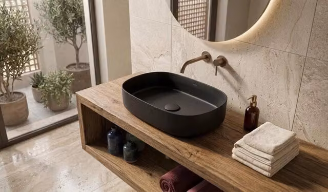 Lavabo ovale da appoggio senza troppo pieno in ceramica senza foro rubinetto - Nero Opaco