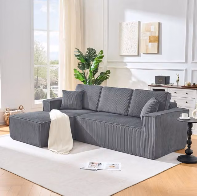 Divano angolare 235x128x60 cm in tessuto grigio, con chaise longue, per spazi piccoli –