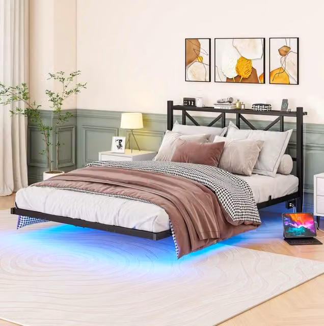 Letto matrimoniale sospeso MODFU in metallo nero con illuminazione LED, porta USB e ripiani laterali, L/P: 140 x 200 cm