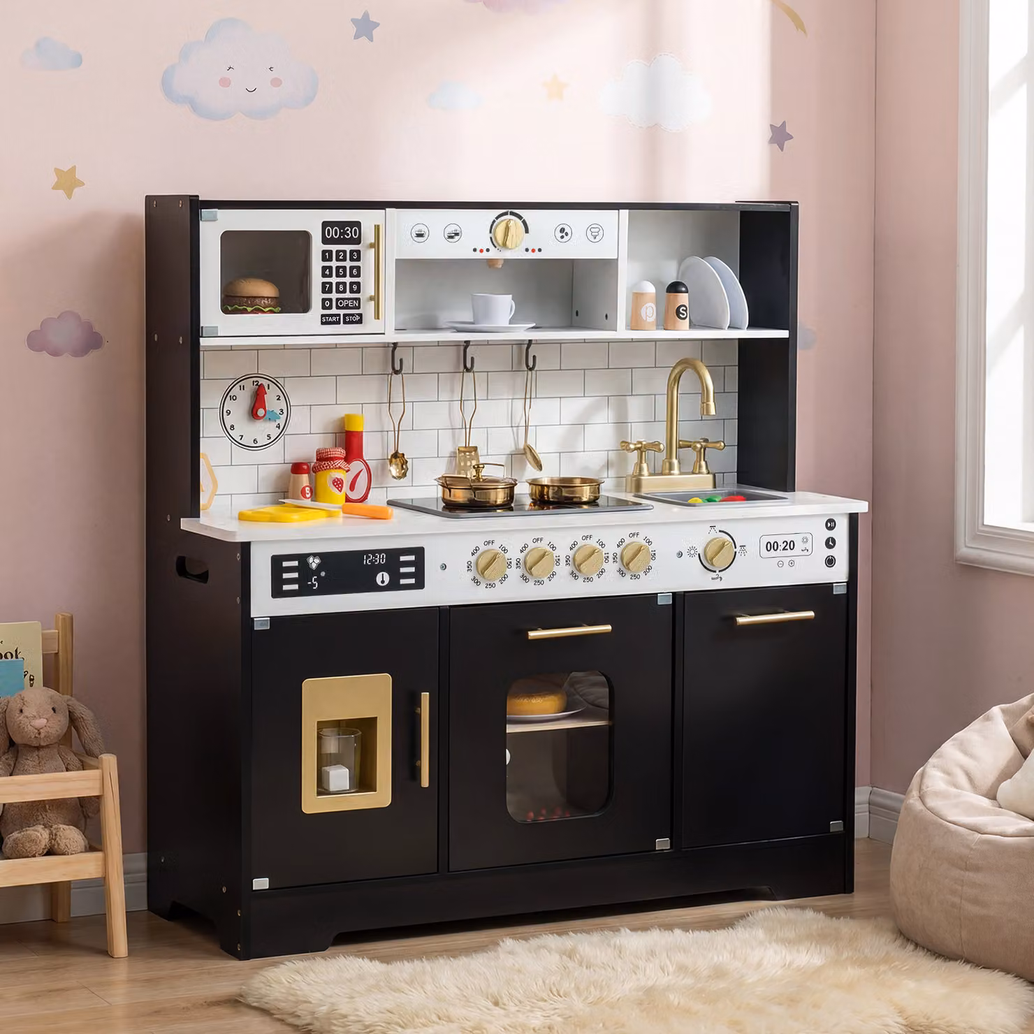 Cucina giocattolo in legno Costway con effetti luminosi per bambini, set da chef nero