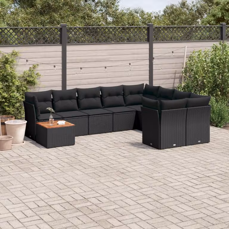 vidaXL Set Divani da Giardino 10 Pezzi in Polyrattan Nero con Cuscini e Tavolino da Caffè