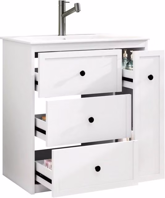 Mobile bagno a terra 76 cm con lavabo integrato in ceramica; struttura in MDF bianco e 4 cassetti