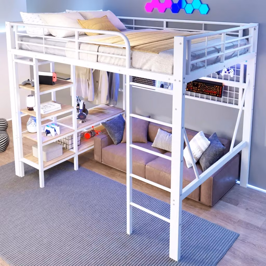 Letto a soppalco REDOM in metallo e MDF bianco con illuminazione LED sotto il letto L/P/H: 204 x 140 x 145 cm – 2