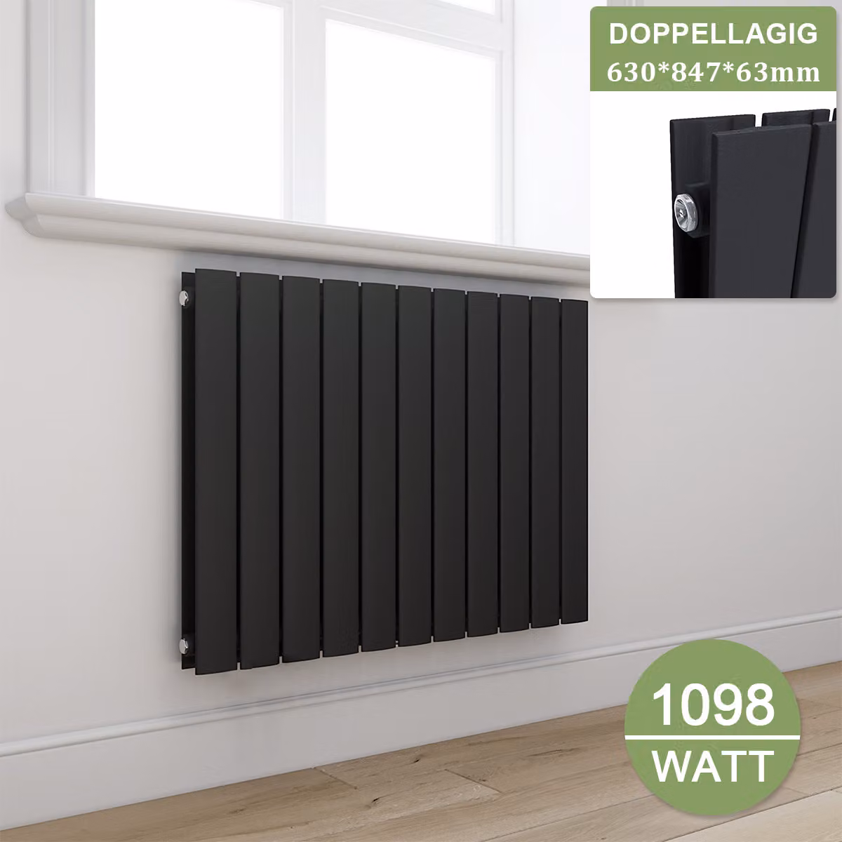 ELEGANT: Radiatore a pannello piatti, design elegante, collegamento laterale orizzontale, dimensioni 630x847 mm, colore antracite, radiatore a doppio strato, senza resistenza elettrica