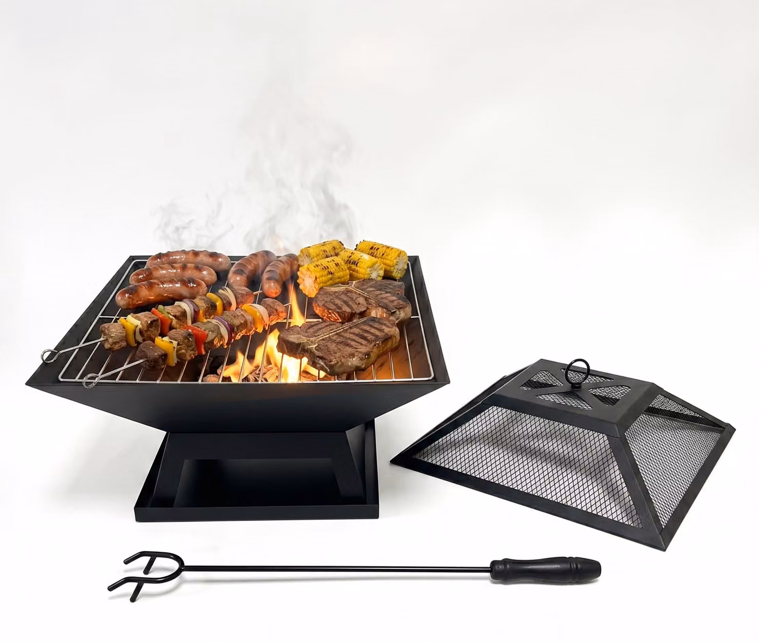Braciere Relaxdays, A x L x P: 36 x 45 x 45 cm, con griglia, parascintille, attizzatoio, acciaio, braciere da giardino, nero