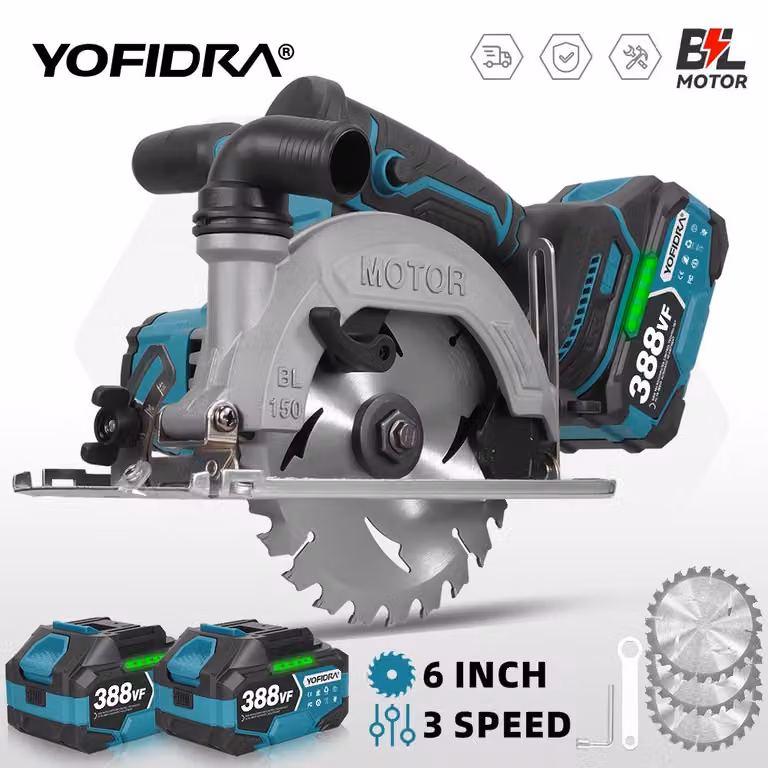Sega circolare senza batteria - Potenza: 3500 W - Diametro del disco da taglio: 150 mm - Profondità di taglio: 42 mm a 90° - Motore brushless - Ideale per la lavorazione del legno