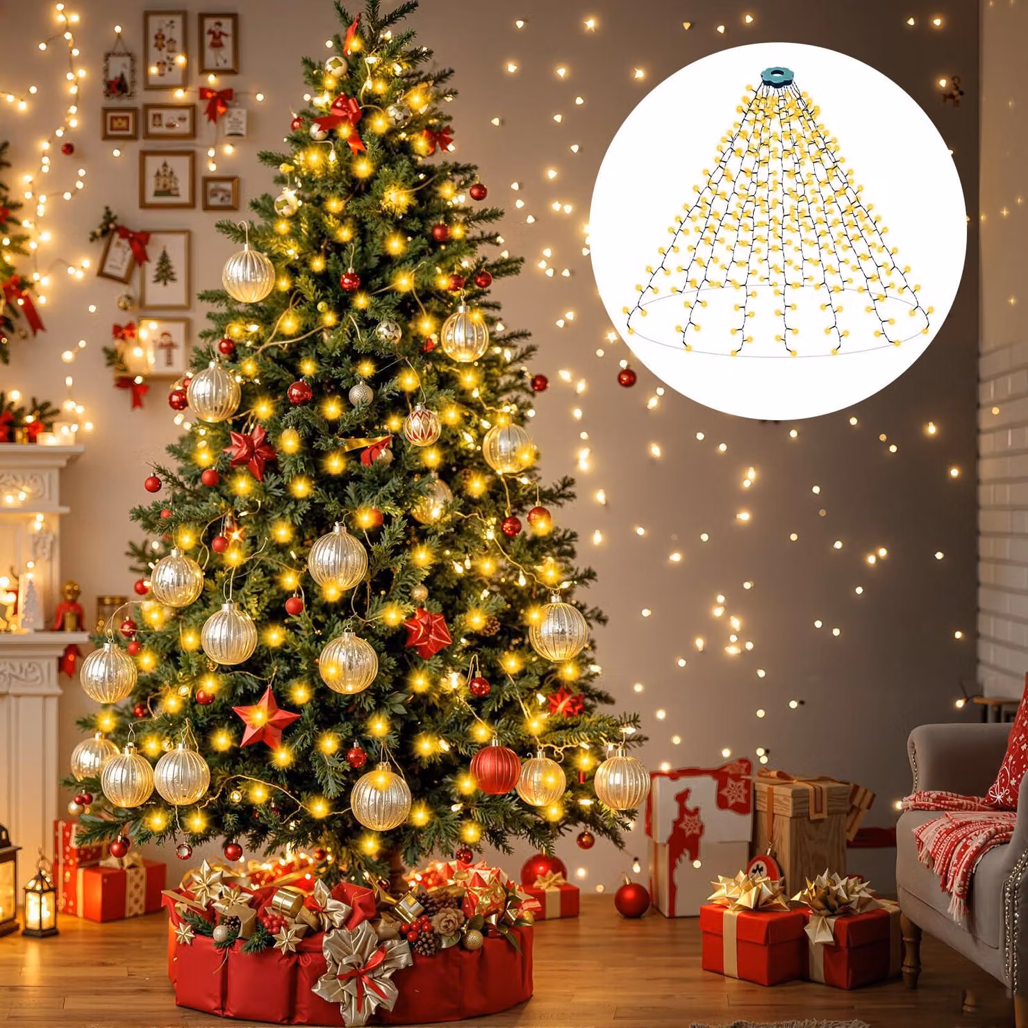 Catena luminosa per albero di Natale, 400 LED, 2 metri x 16 fili, luce bianco caldo, grado di protezione IP44