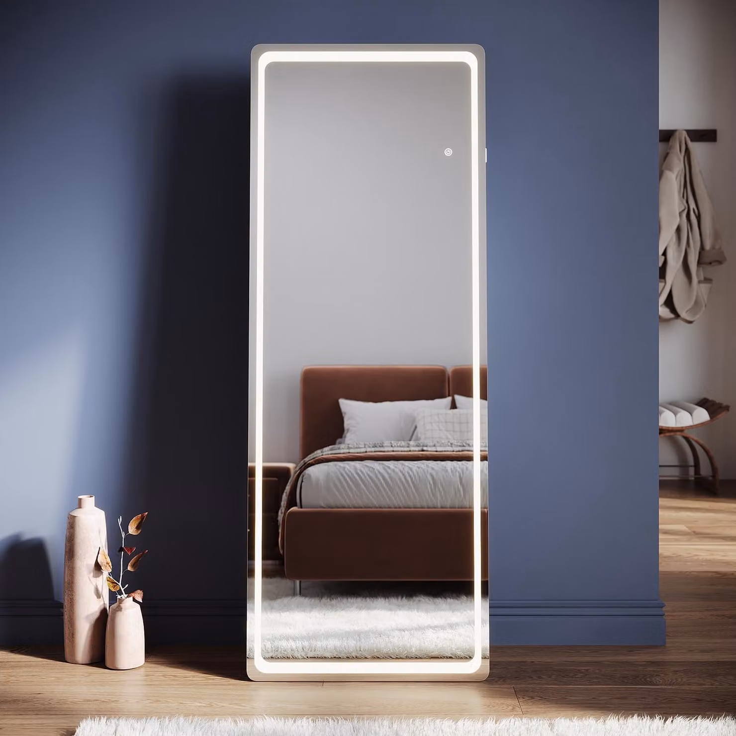 SONNI 160 x 60 x 3,5 cm specchio da toilette quadrato bianco con illuminazione LED e presa di corrente, montaggio a parete