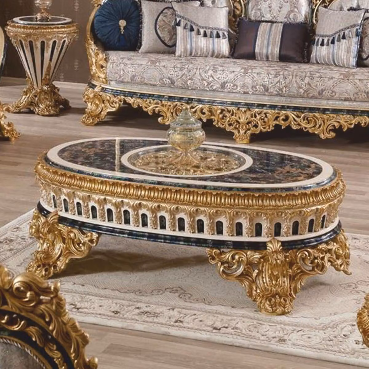 Tavolino da salotto in stile barocco "Casa Padrino", lussuoso, blu/bianco/oro, 145 cm - Tavolino ovale in stile barocco - Arredamento da soggiorno in stile barocco