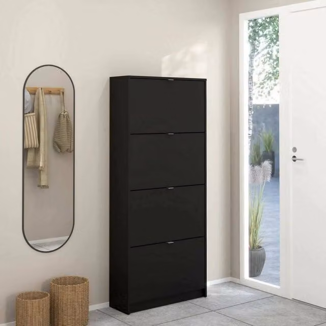 Scarpiera Epidoto DMORA, Mobile porta scarpe e armadio da ingresso moderno in MDF, Nero, L: 70,3 cm, P: 24,05 cm, H: 162 cm