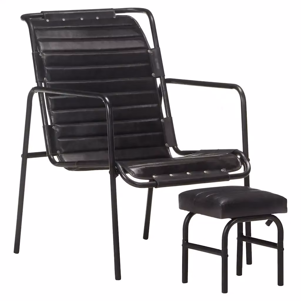 Poltrona Relax con Poggiapiedi in Vera Pelle Nera e Struttura in Metallo con Design Vintage – 2
