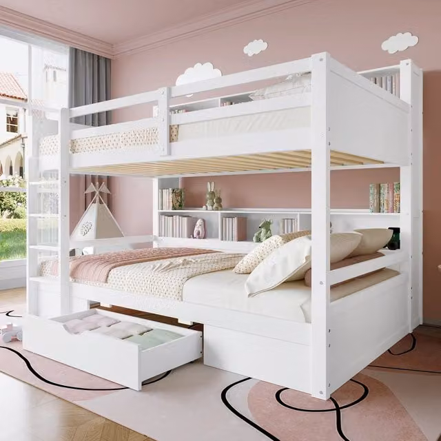 Letto a castello in legno massello con cassetti e scaffali, 90x200 cm, bianco