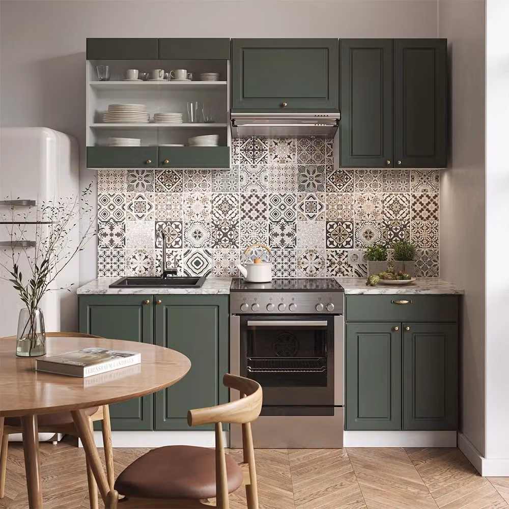 Cucina componibile Fame-Line Vicco in stile country house, colore verde, oro e bianco, L: 200 cm, P: 60 cm, H: 81,6 cm – 2