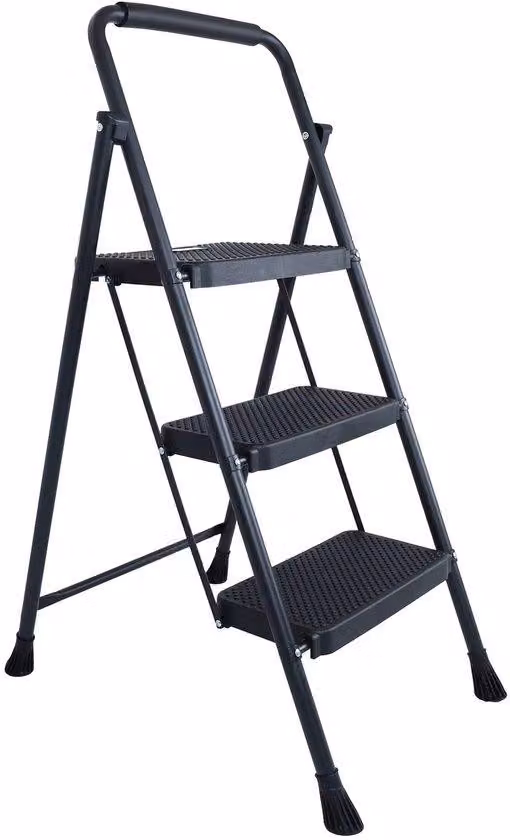 Scala a pioli Ibenzoa® con gradini antiscivolo, struttura in acciaio – 2/3/4 gradini (78,7×45,7×45,7 / 101,6×66×45,7 / 124,5×81,3×45,7), testata a 227 kg, portata massima 150 kg, piedini in gomma, maniglia