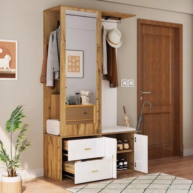 Guardaroba da ingresso FOLYNA con specchio, panca imbottita, appendiabiti e scarpiera, bianco, L: 100 cm, P: 38 cm, H: 180 cm