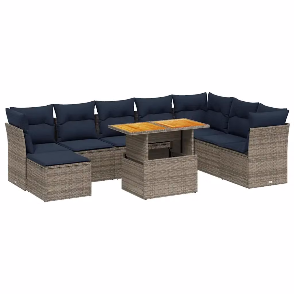 vidaXL Set Divani da Giardino 9 pz a Forma a U in Polyrattan con Cuscini Grigio e Blu e Tavolino da Caffè – 2