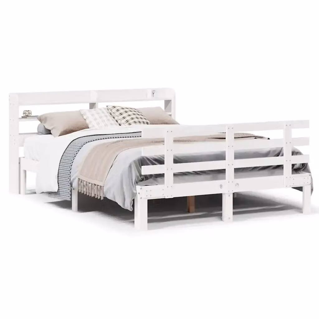 vidaXL Letto in Legno Massello di Pino Bianco con Ripiani Laterali e Doghe Rigide 150x200 cm – 2