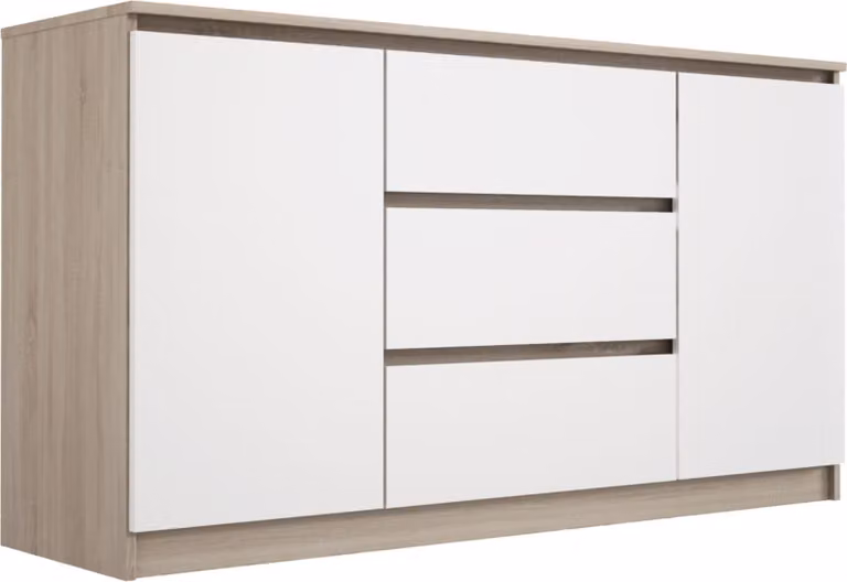 Comodino: 3 cassetti e 2 ante, colore: rovere Sonoma / bianco opaco